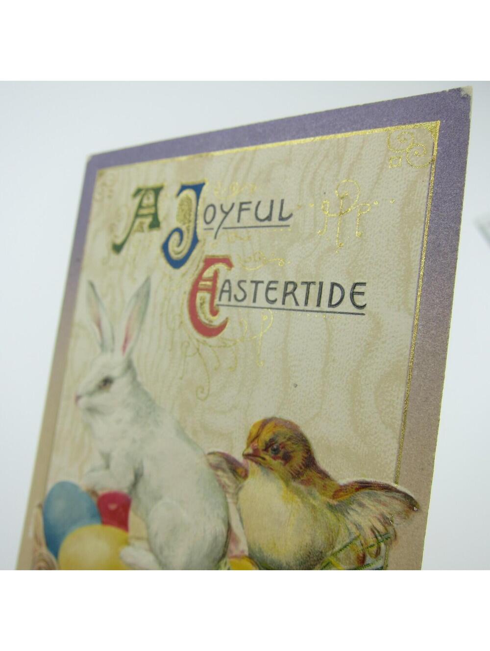 Easter White Rabbit & Chick  Sit on Colored Eggs in Basket Embossed Antique - Picture 14 of 16